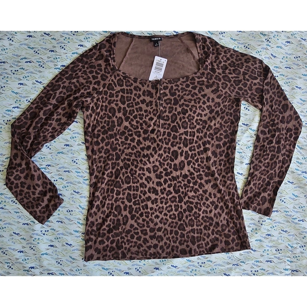 TORRID Leopard Print‎ Long Sleeve Scoop Neck Ribbed Top Size 1 14-16 Brown